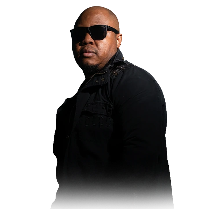 Vlad of LEGAL MEN BAGAY in a black studded jacket and sunglasses