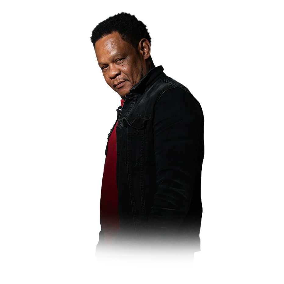 Guy of LEGAL MEN BAGAY in a black denim jacket over a red shirt